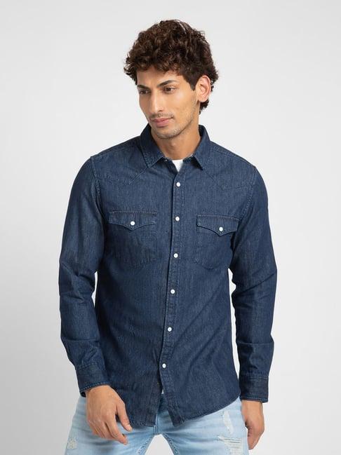 spykar navy slim fit denim shirt