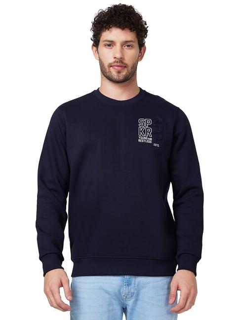 spykar navy slim fit embroidered round neck sweatshirt