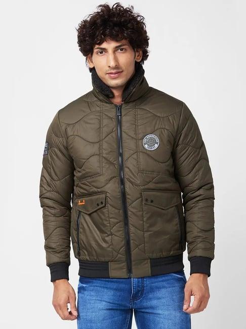 spykar olive green bomber jacket with sherpa collar