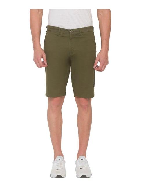 spykar olive green cotton relaxed fit shorts