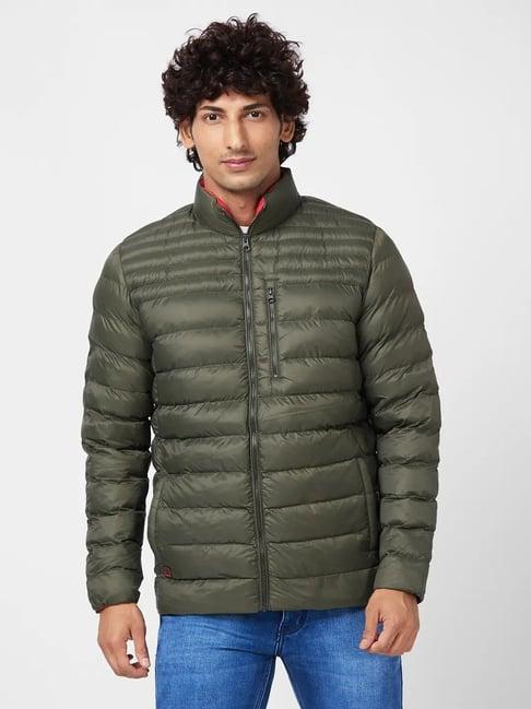 spykar olive green packable puffer jacket with branded print on neck