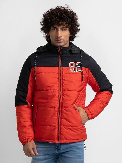 spykar orange straight fit colour block hooded jacket