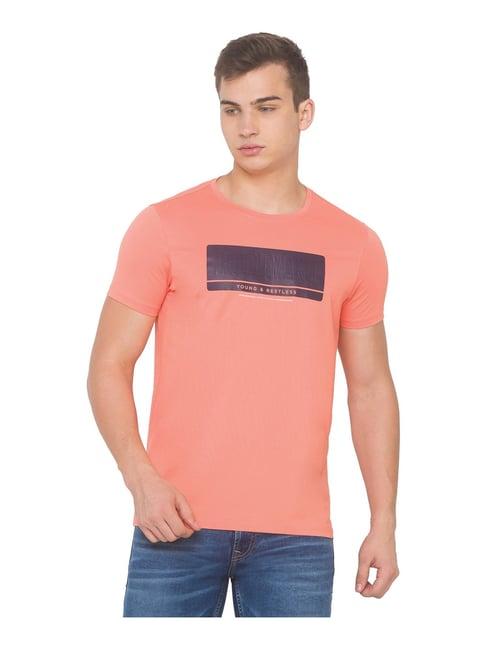 spykar peach slim fit printed t-shirt