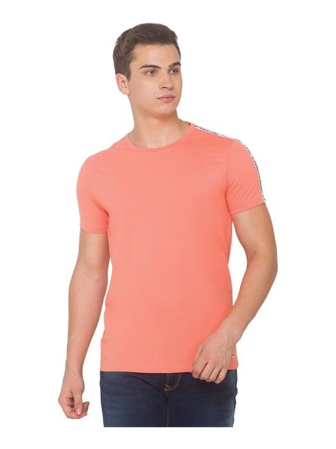 spykar peach slim fit printed t-shirt