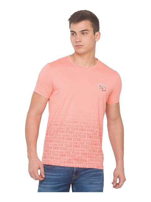 spykar peach slim fit printed t-shirt