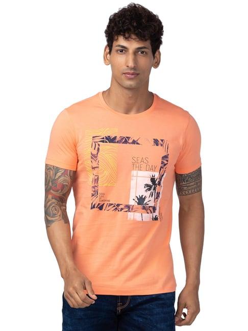 spykar peach slim fit printed t-shirt