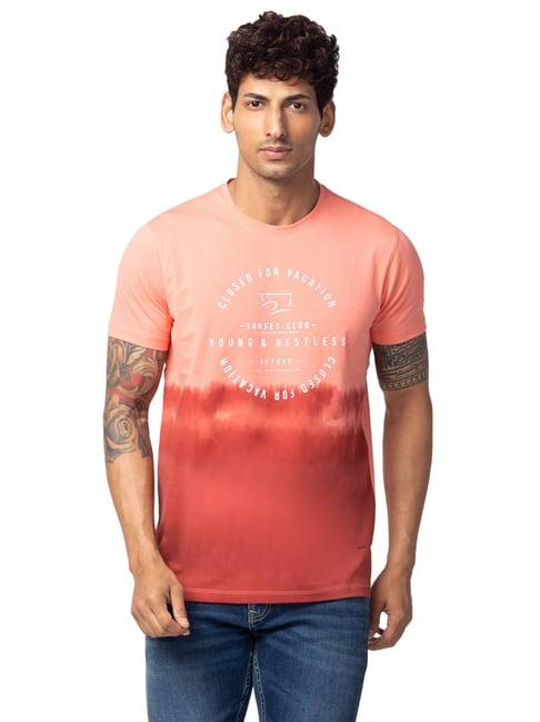 spykar peach slim fit printed t-shirt