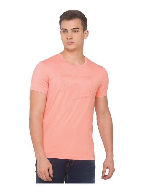 spykar peach slim fit self pattern t-shirt