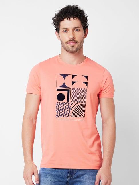 spykar pink slim fit graphic print crew t-shirt