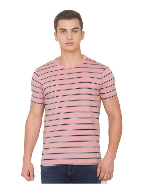 spykar pink slim fit striped t-shirt