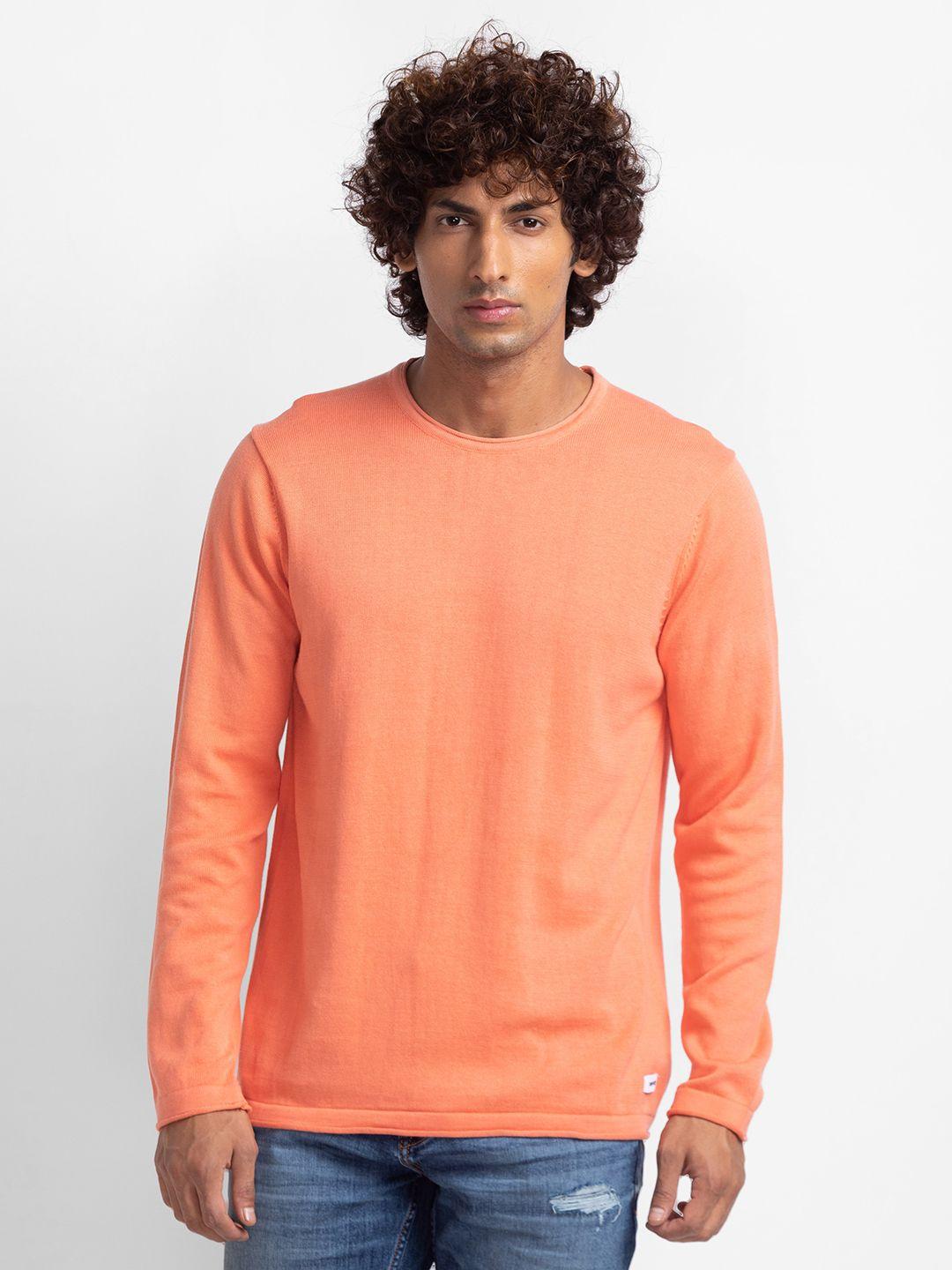 spykar pure cotton solid round neck pullover sweater