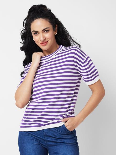 spykar purple & white cotton striped t-shirt