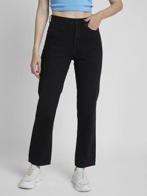 spykar raw black cotton straight fit high rise jeans