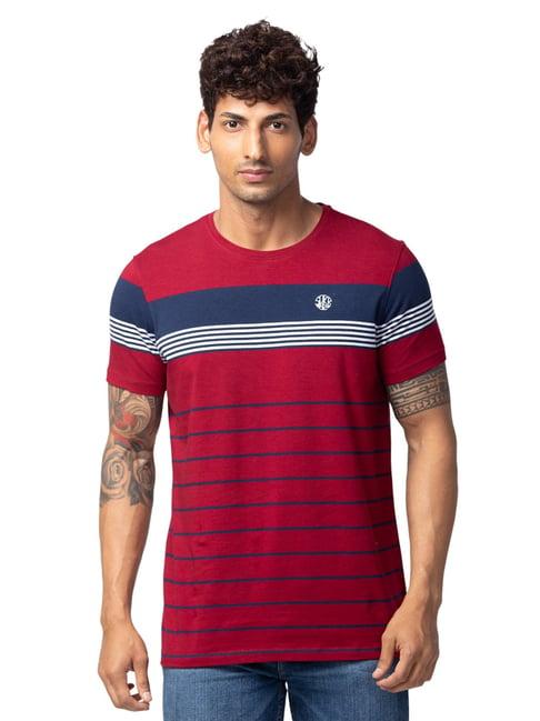 spykar red & blue slim fit striped t-shirt