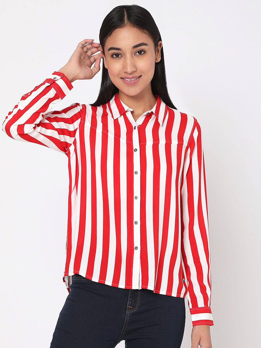 spykar red & white striped shirt style top