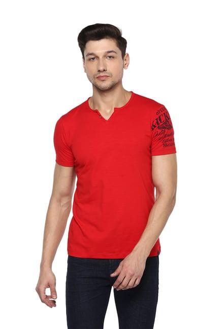 spykar red cotton henley t-shirt