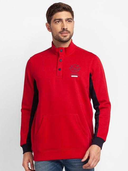 spykar red cotton regular fit colour block sweatshirt