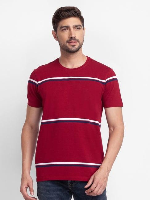 spykar red cotton slim fit striped t-shirt