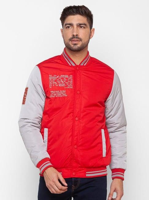 spykar red cotton straight fit colour block jacket