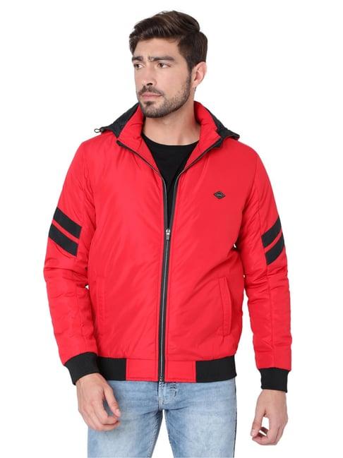 spykar red regular fit striped hooded jacket