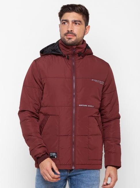 spykar red straight fit hooded jacket