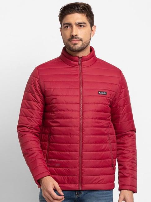 spykar red straight fit self pattern jacket