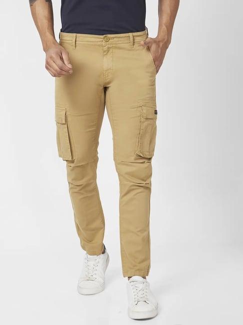 spykar sand khaki cotton tapered fit cargos