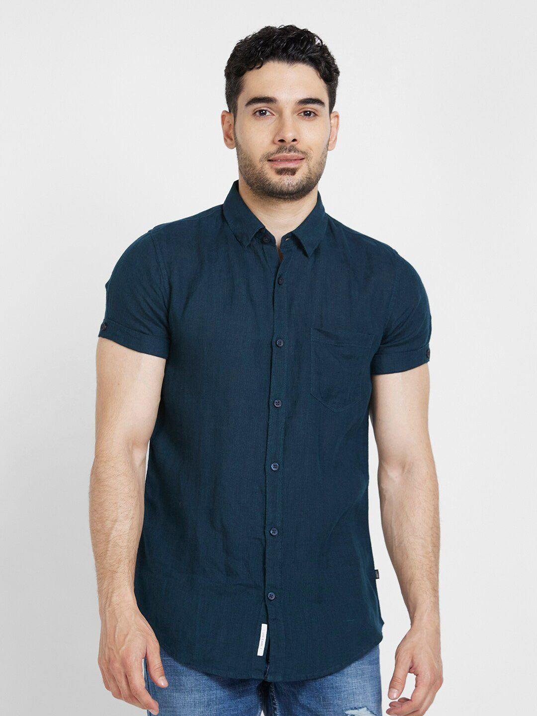 spykar short sleeves slim fit classic casual linen shirt