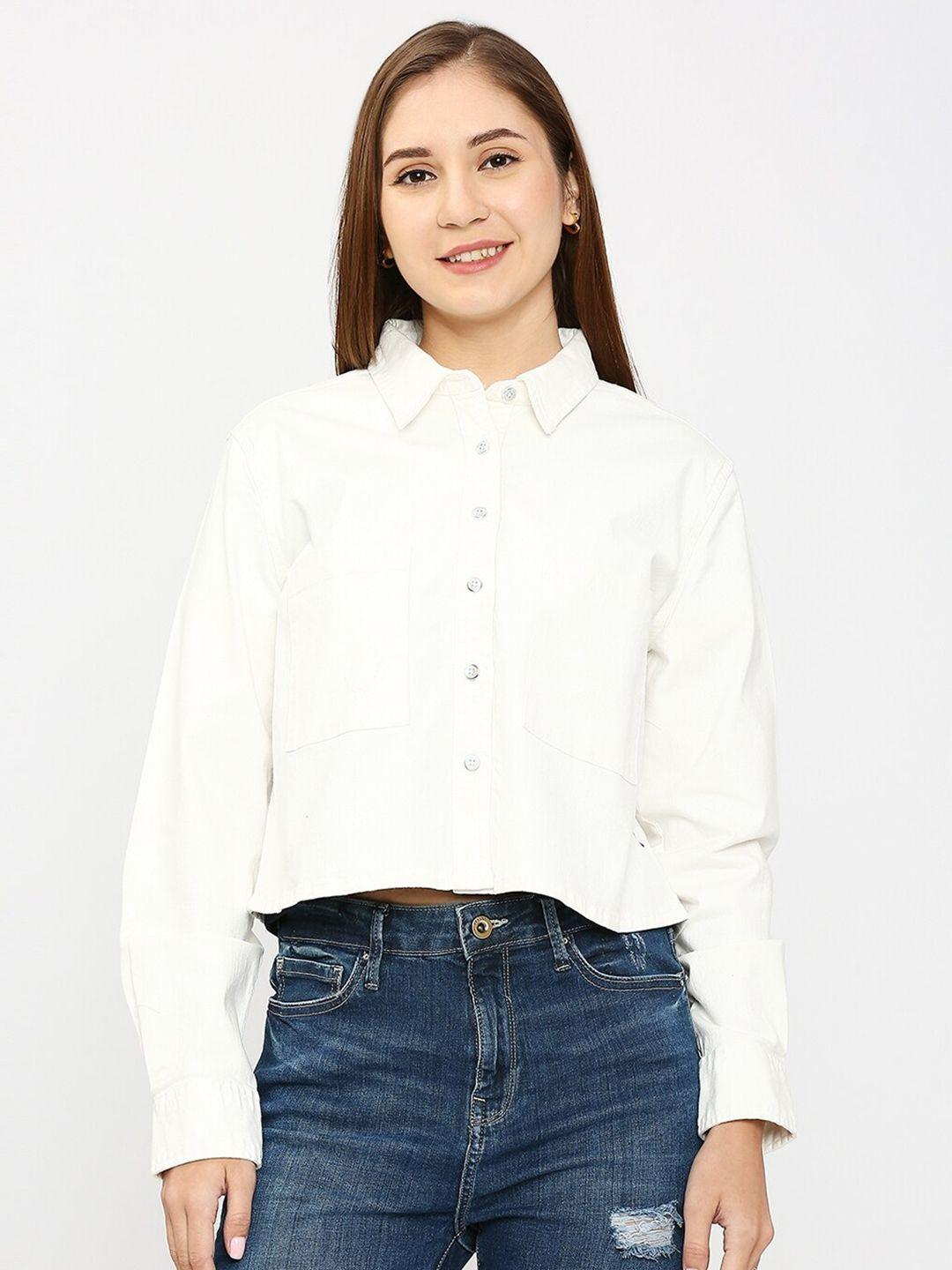 spykar spread collar slim fit opaque cotton crop casual shirt