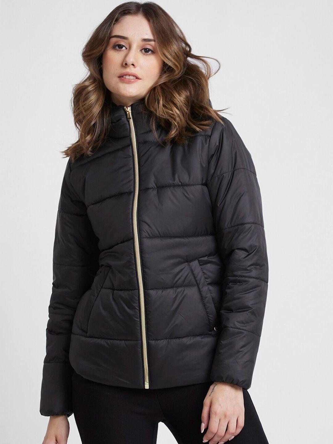 spykar stand collar padded jacket with zip detailing