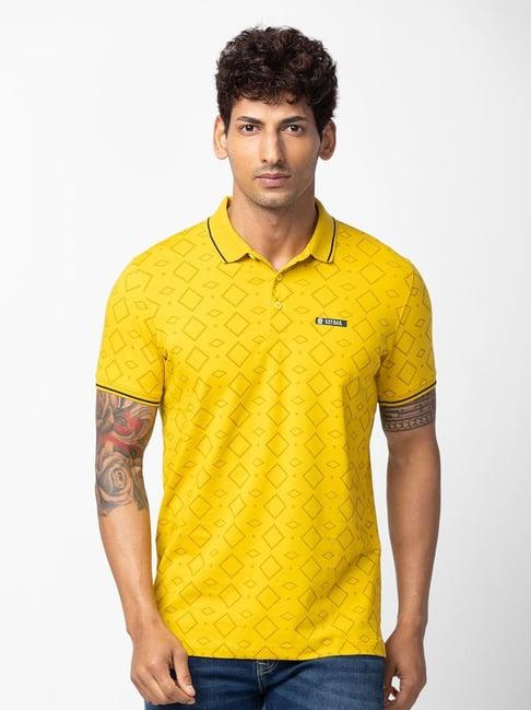 spykar sulphur yellow cotton regular fit printed polo t-shirt