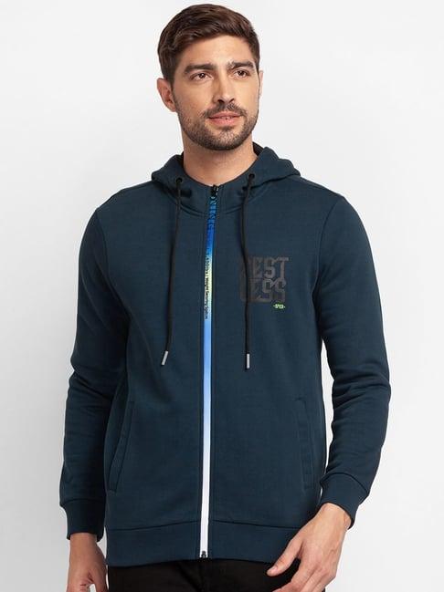 spykar teal blue cotton regular fit printed hooded sweatshirt