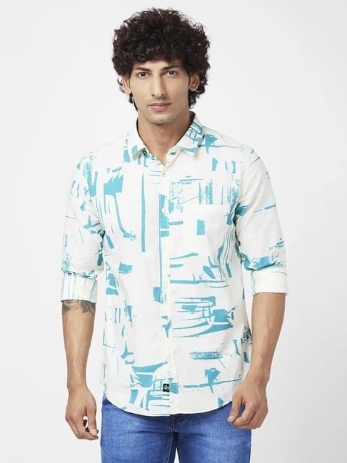 spykar teal blue cotton regular fit printed shirt