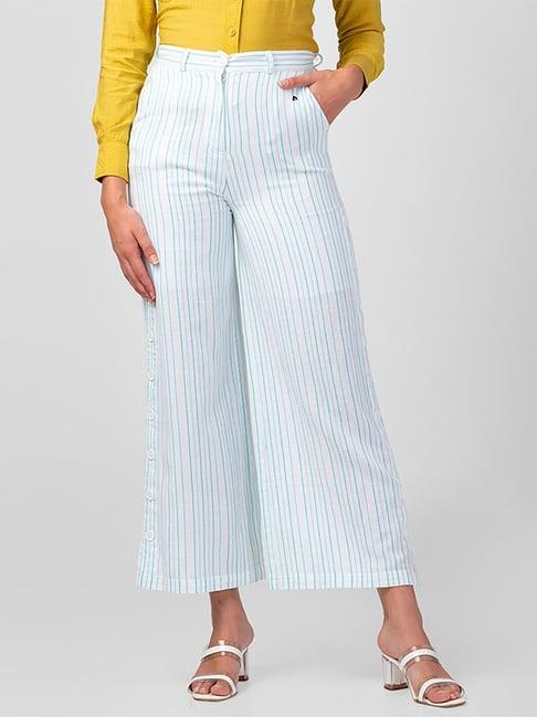 spykar white & blue cotton striped palazzos