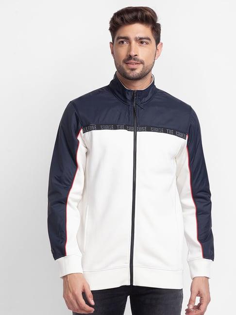 spykar white & navy cotton regular fit colour block sweatshirt