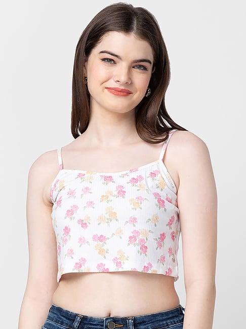 spykar white & pink cotton floral print crop top