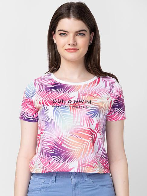 spykar white & pink cotton printed top