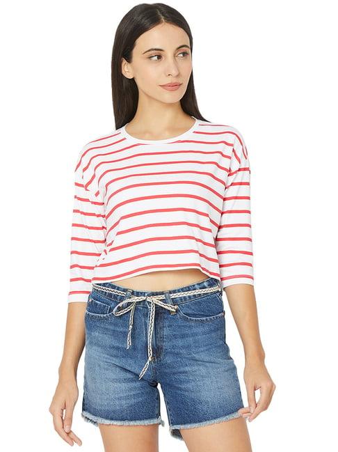 spykar white & red striped crop top