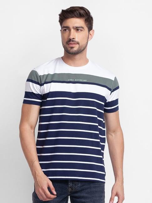 spykar white cotton slim fit striped t-shirt