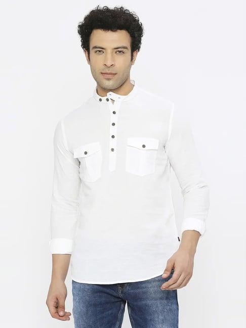 spykar white linen slim fit short kurta