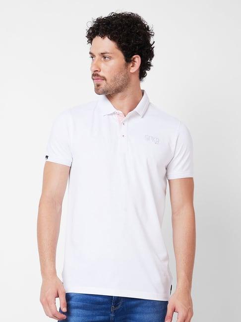 spykar white slim fit polo t-shirt