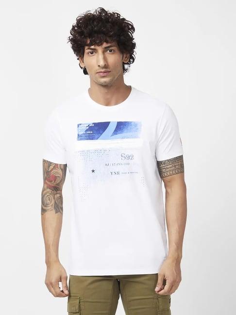 spykar white slim fit printed t-shirt