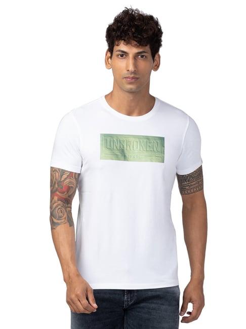 spykar white slim fit printed t-shirt