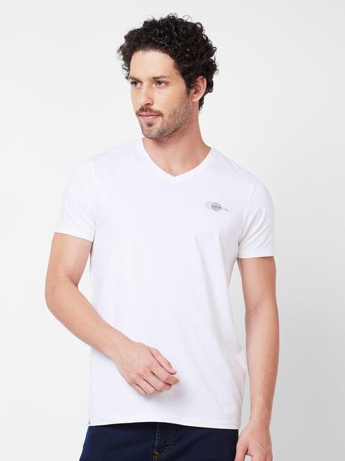 spykar white slim fit v-neck t-shirt