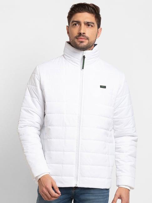 spykar white straight fit self pattern jacket