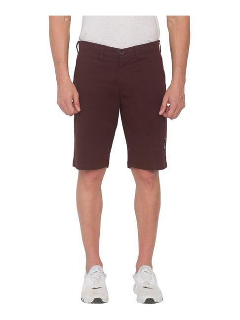 spykar wine red cotton relaxed fit shorts