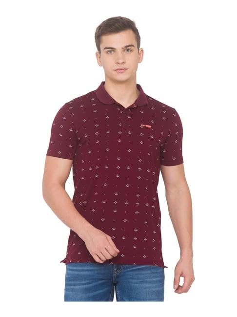 spykar wine slim fit printed polo t-shirt