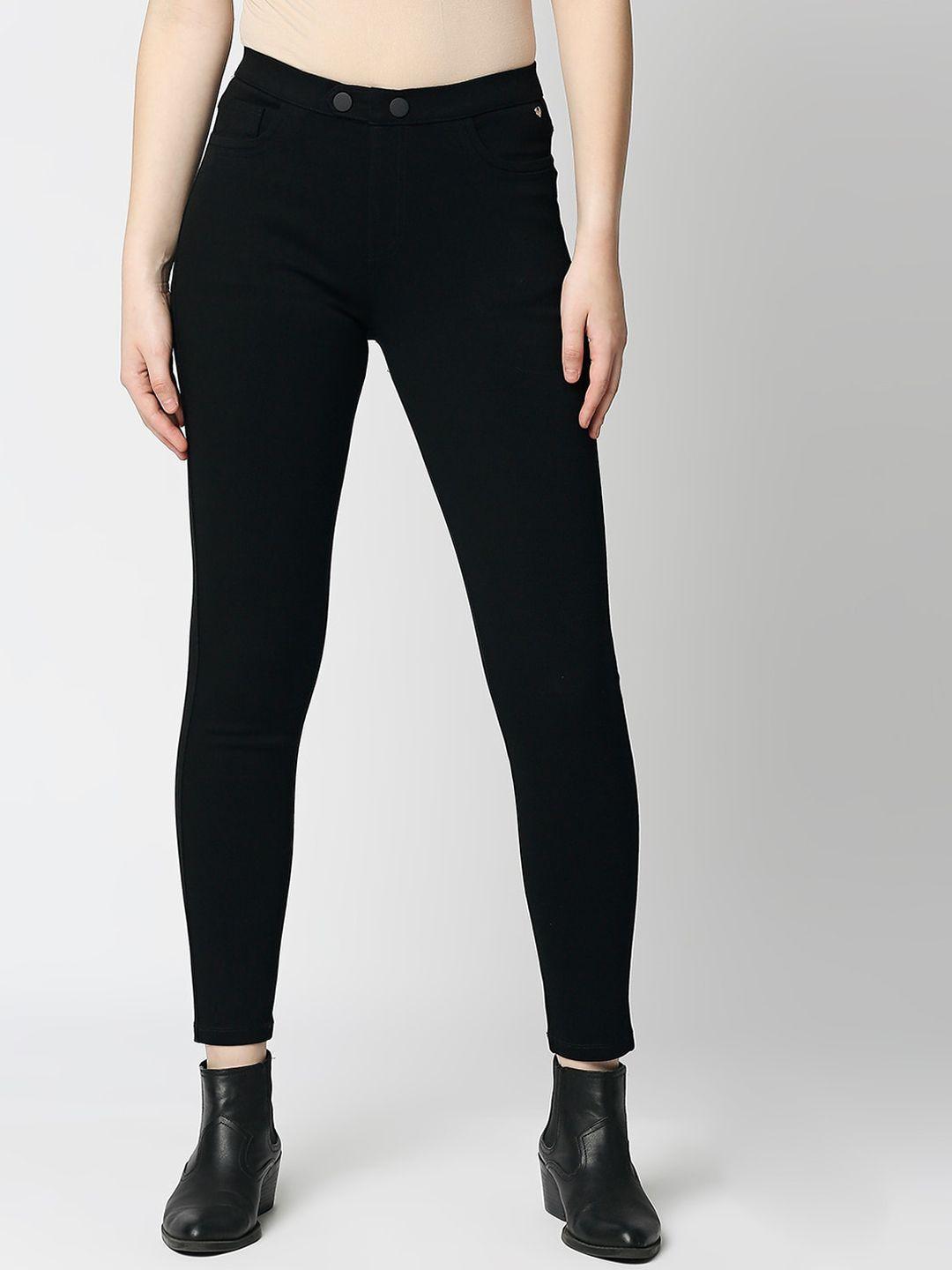spykar women black solid cotton track pants