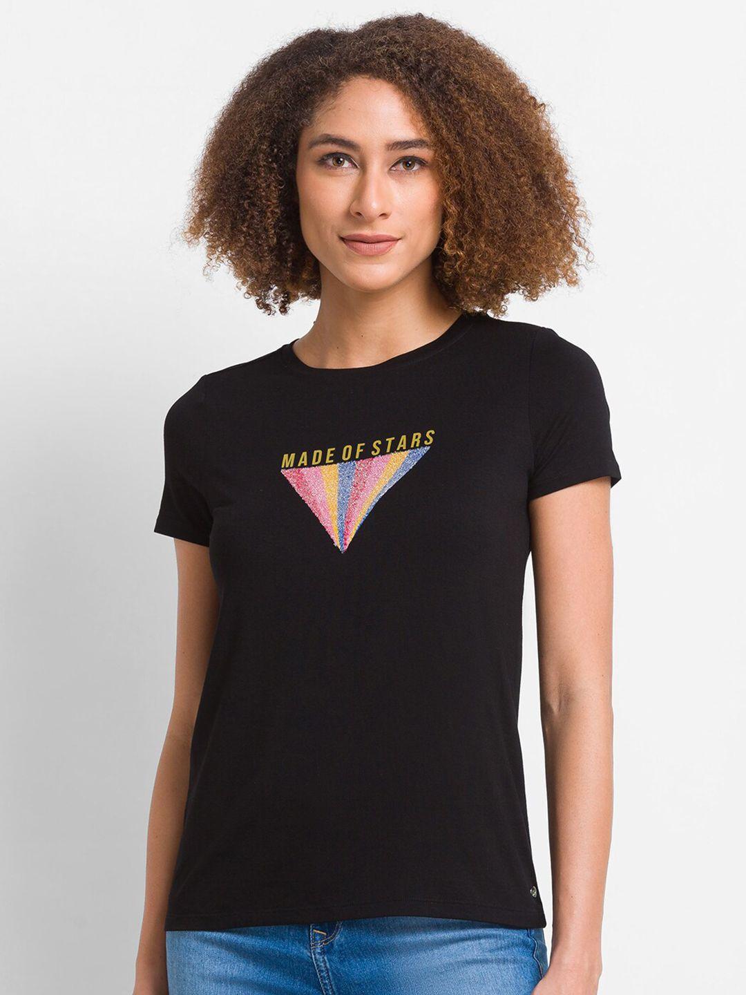 spykar women black typography printed v-neck applique t-shirt