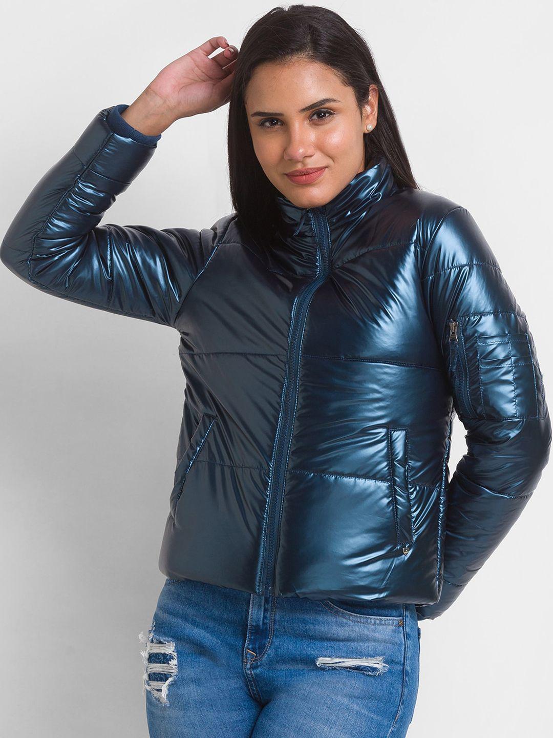 spykar women blue crop full sleeve puffer casual jacket
